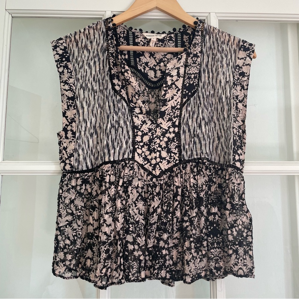 Rebecca Taylor silk blend sleeveless floral print blouse black cream size 6